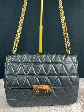 Michael Kors Sloan XL Quilted Leather Shoulder Bag Black Gold Hardware GUC
